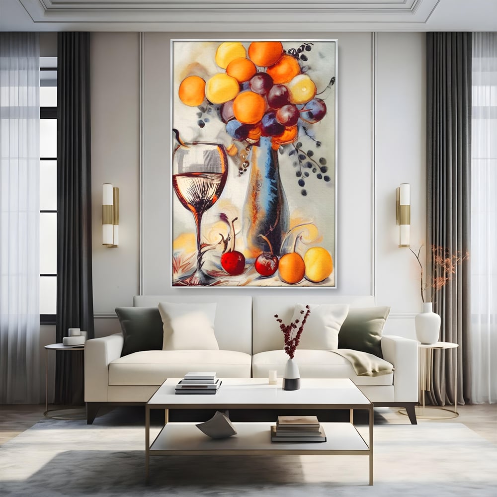 Tablou canvas cu tablou cu sticla, pahar de vin si fructe, in rama de aluminiu argintiu, pe perete intr-un living